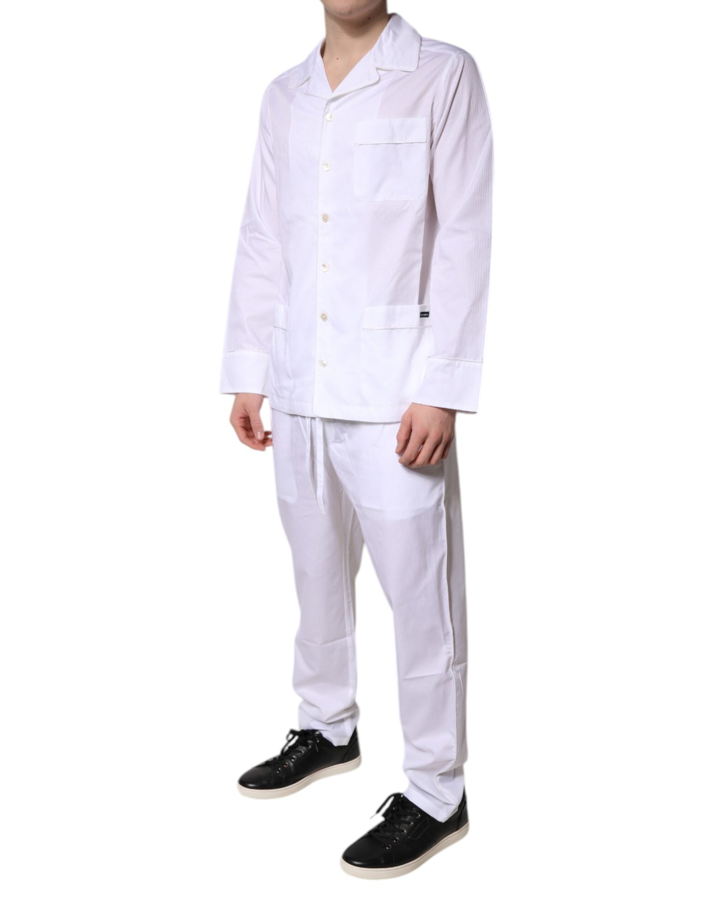Dolce & Gabbana Weißes Baumwollhemd Hose Pyjama Set Schlafanzug