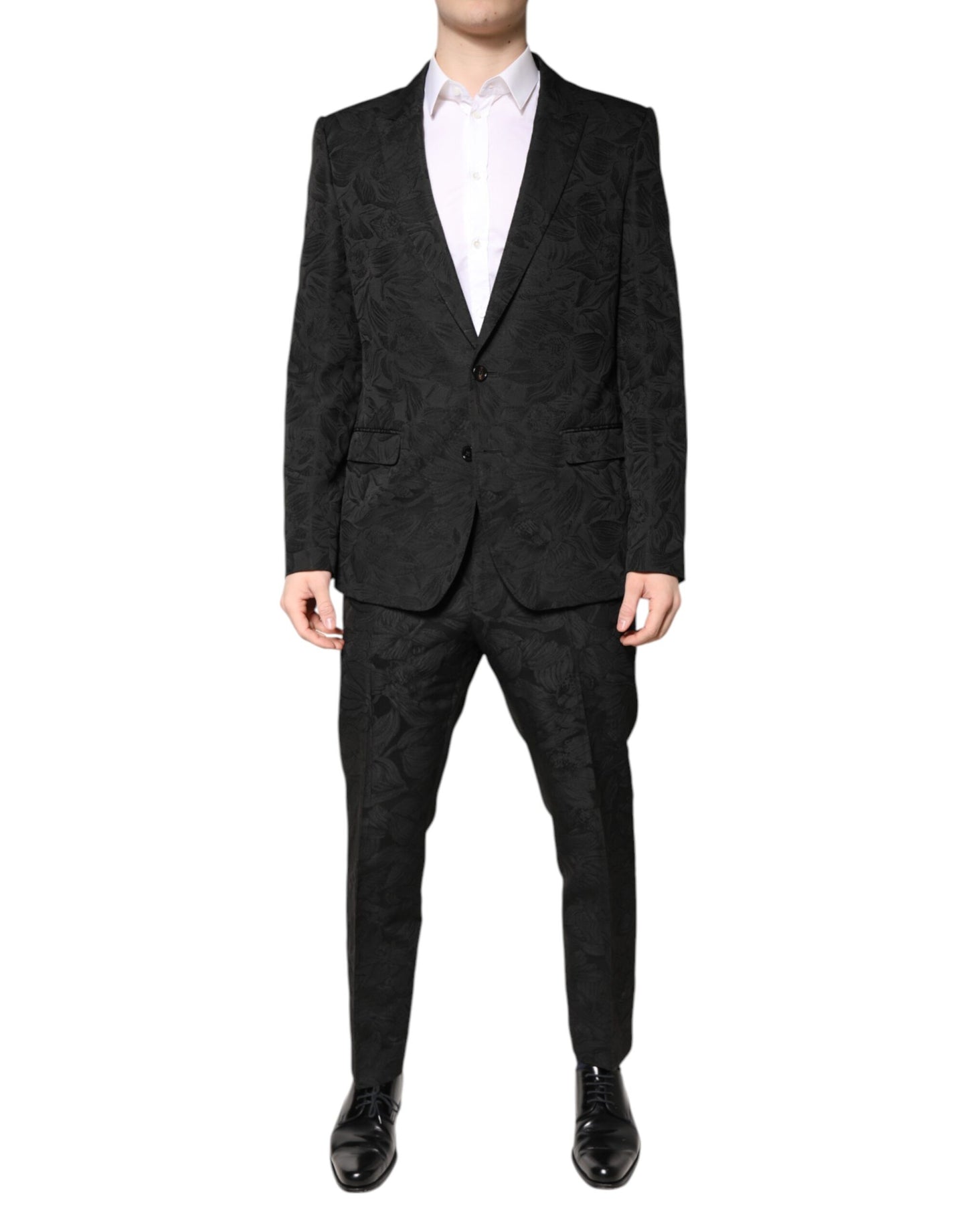 Dolce & Gabbana Schwarzer Polyester-Jacquard-Anzug mit Blumenmuster, 2 Teile