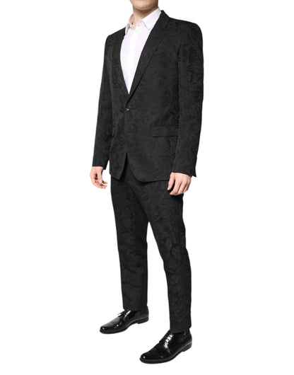 Dolce & Gabbana Schwarzer Polyester-Jacquard-Anzug mit Blumenmuster, 2 Teile