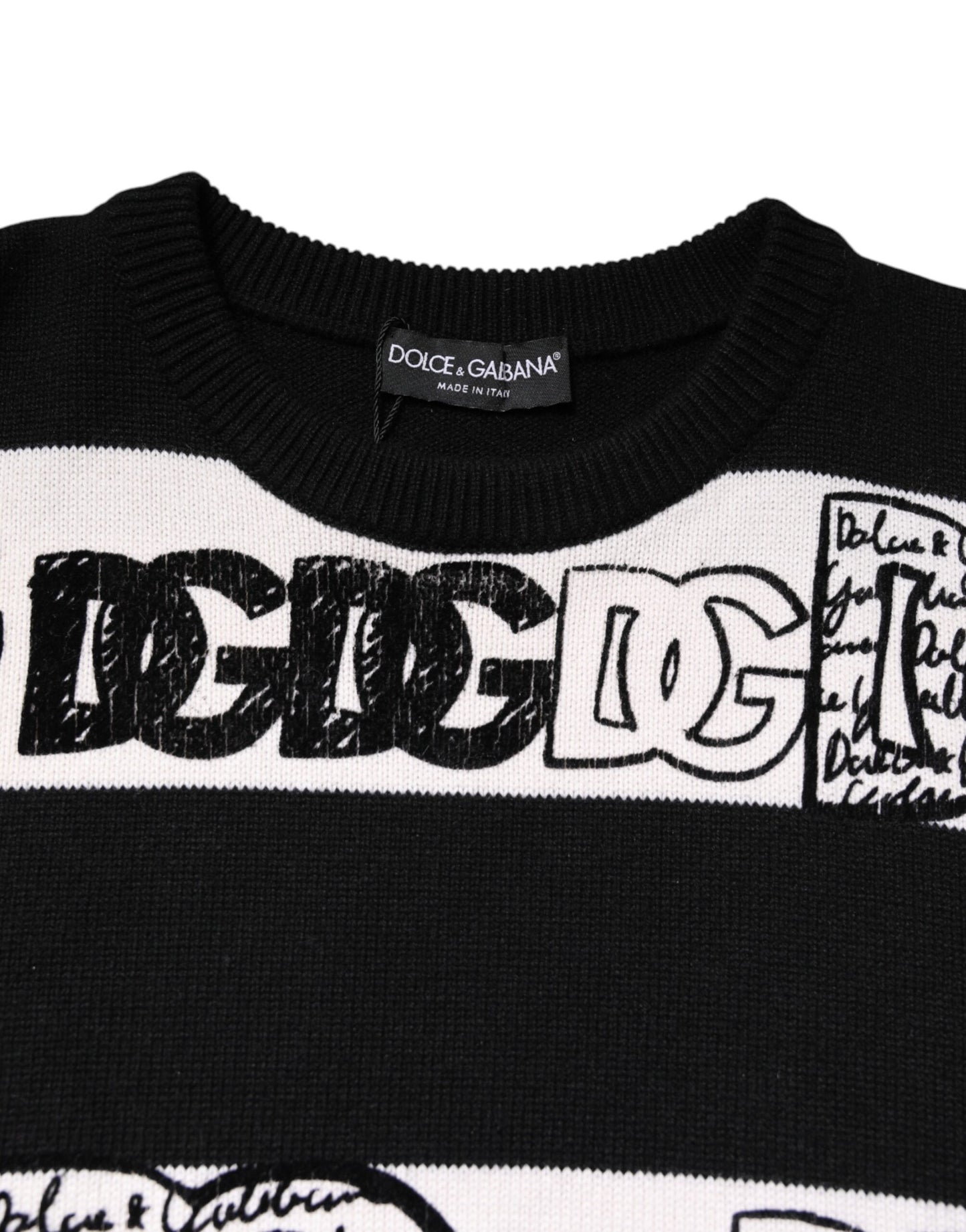 Dolce & Gabbana Schwarzer weißer Wollpullover mit Logodruck