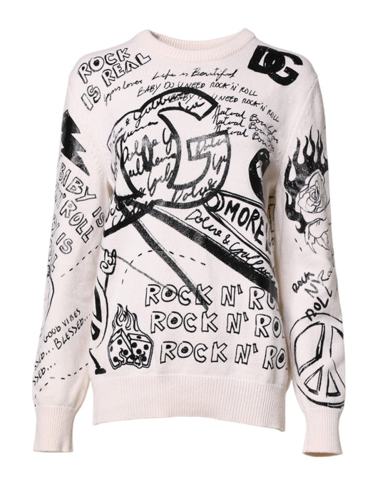 Dolce & Gabbana Weiß Schwarz Logo Print Frauen Pullover Pullover
