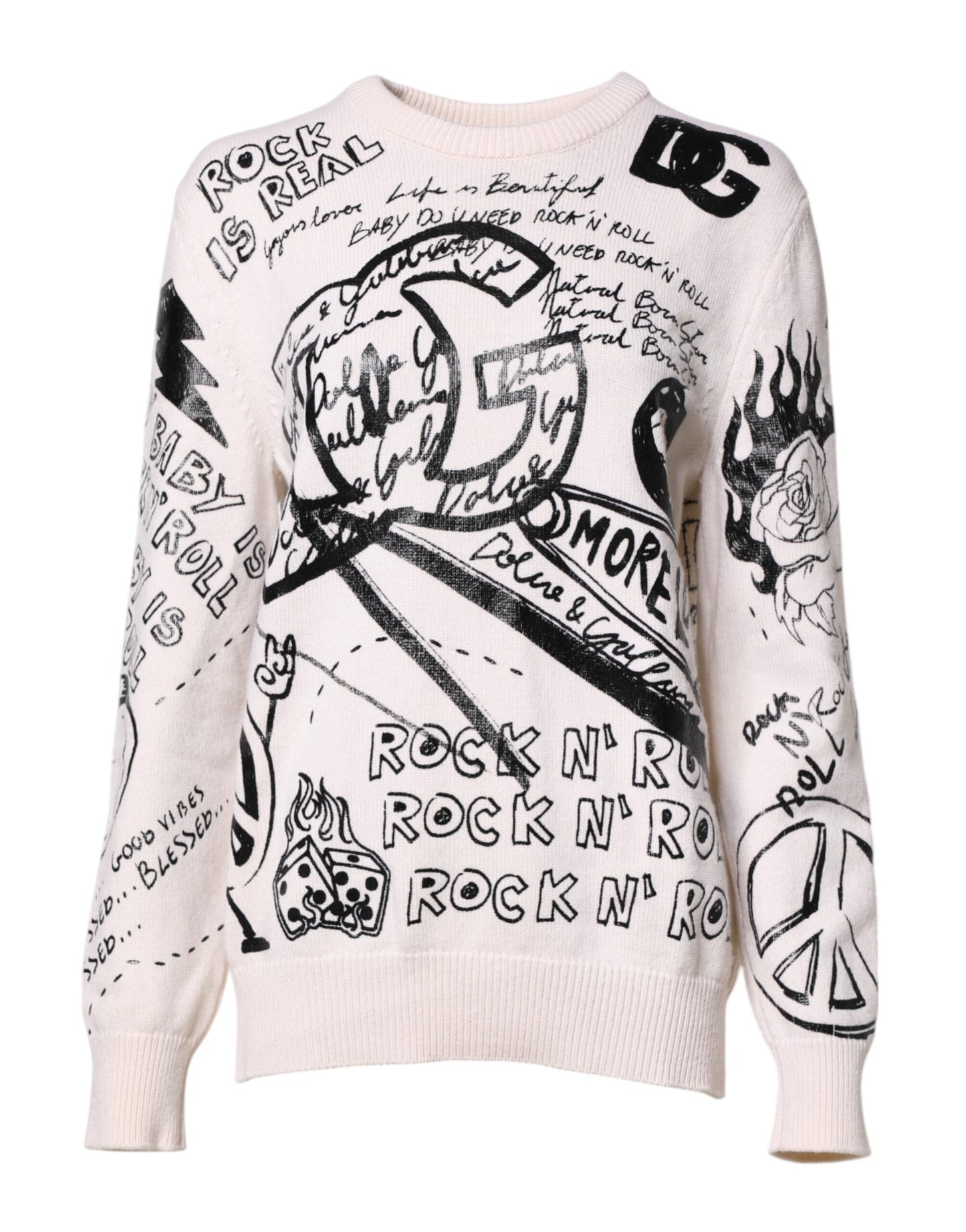 Dolce & Gabbana Weiß Schwarz Logo Print Frauen Pullover Pullover