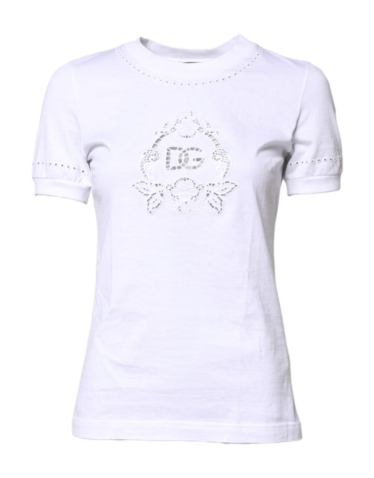 Dolce & Gabbana Weißes T-Shirt mit geblümtem Logo und Rundhalsausschnitt aus Baumwolle