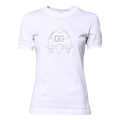 Dolce & Gabbana Weißes T-Shirt mit geblümtem Logo und Rundhalsausschnitt aus Baumwolle
