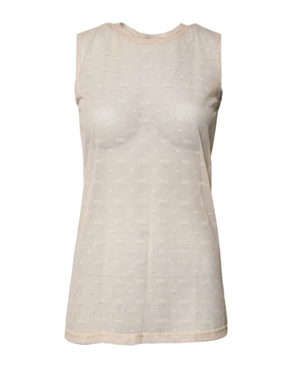 Dolce & Gabbana Elfenbeinfarbenes Nylon-Logo, ärmelloses Tank-Top