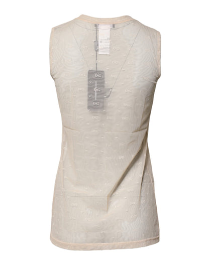 Dolce & Gabbana Elfenbeinfarbenes Nylon-Logo, ärmelloses Tank-Top