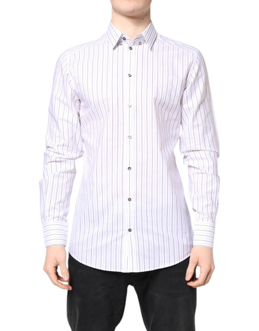 Dolce & Gabbana Weiß gestreiftes Baumwollhemd GOLD Formal Dress Shirt