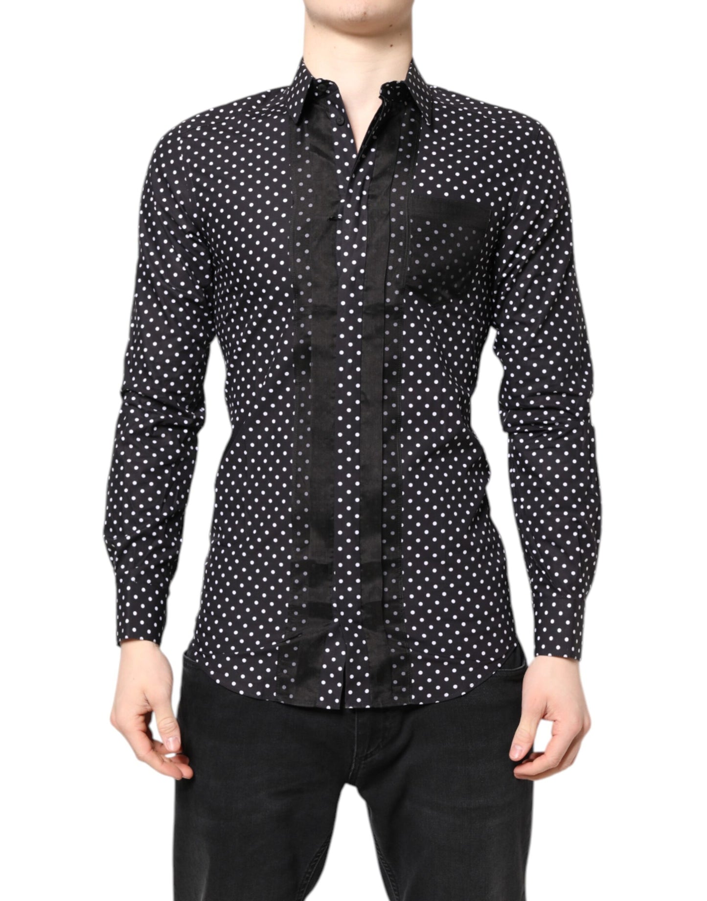 Dolce & Gabbana Schwarzes gepunktetes Hemd mit langen Ärmeln, goldfarben, formell