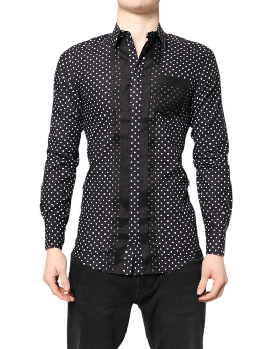 Dolce & Gabbana Schwarzes gepunktetes Hemd mit langen Ärmeln, goldfarben, formell