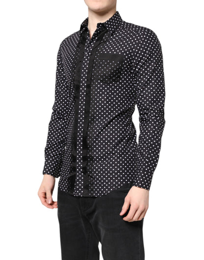Dolce & Gabbana Schwarzes gepunktetes Hemd mit langen Ärmeln, goldfarben, formell