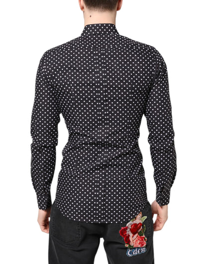 Dolce & Gabbana Schwarzes gepunktetes Hemd mit langen Ärmeln, goldfarben, formell