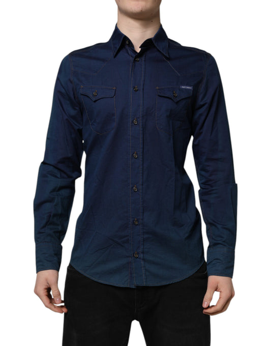 Dolce & Gabbana Blaues Baumwolle GOLD Langarm Freizeithemd