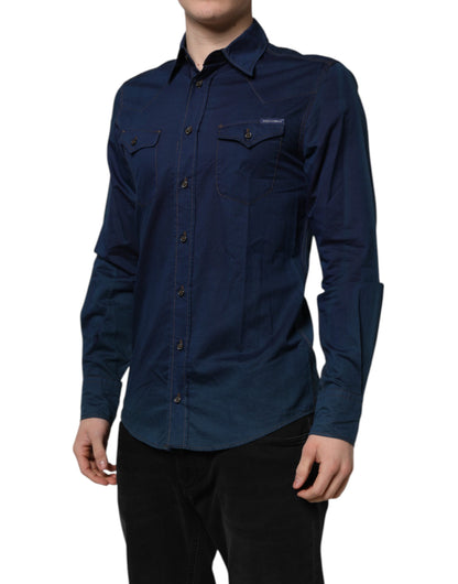 Dolce & Gabbana Blaues Baumwolle GOLD Langarm Freizeithemd