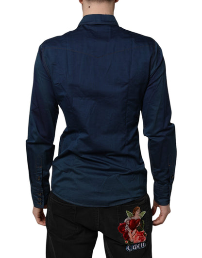 Dolce & Gabbana Blaues Baumwolle GOLD Langarm Freizeithemd