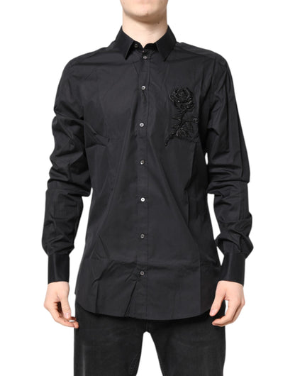 Dolce & Gabbana Schwarzes geblümtes goldfarbenes Baumwollkleid Formales Hemd