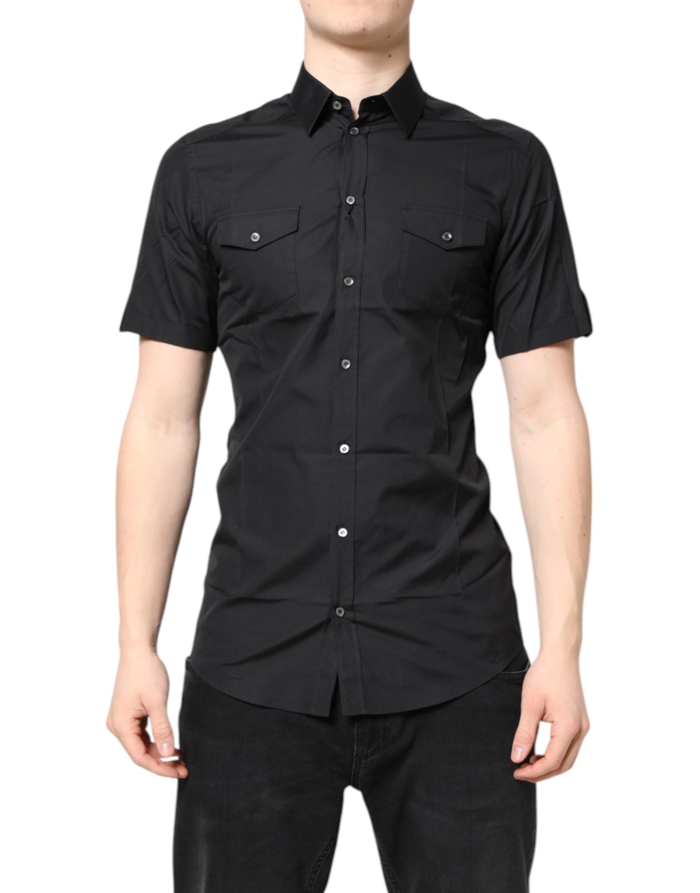 Dolce & Gabbana Schwarzes Kurzarm-Baumwollhemd GOLD Casual