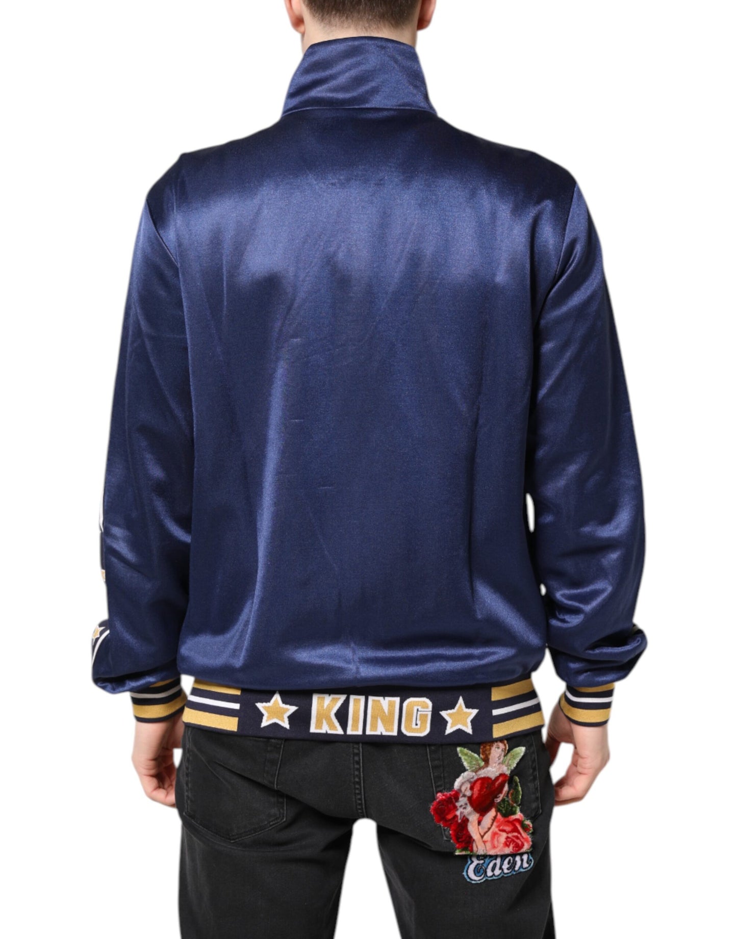 Dolce & Gabbana Blauer Nylon Logo Patch Herren Bomber Pullover