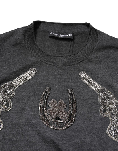 Dolce & Gabbana Grauer Strickpullover mit Stickerei für Männer