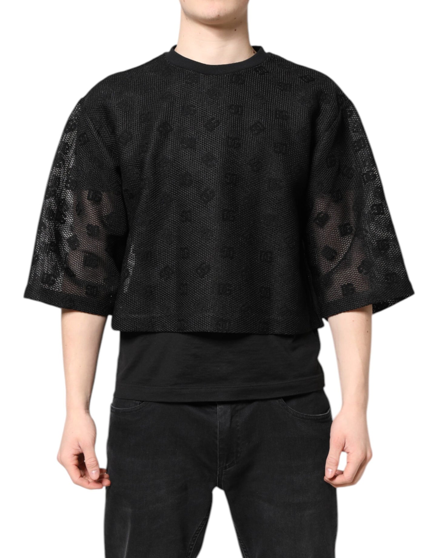 Dolce & Gabbana Schwarzes See-Through-Logo-T-Shirt mit kurzen Ärmeln