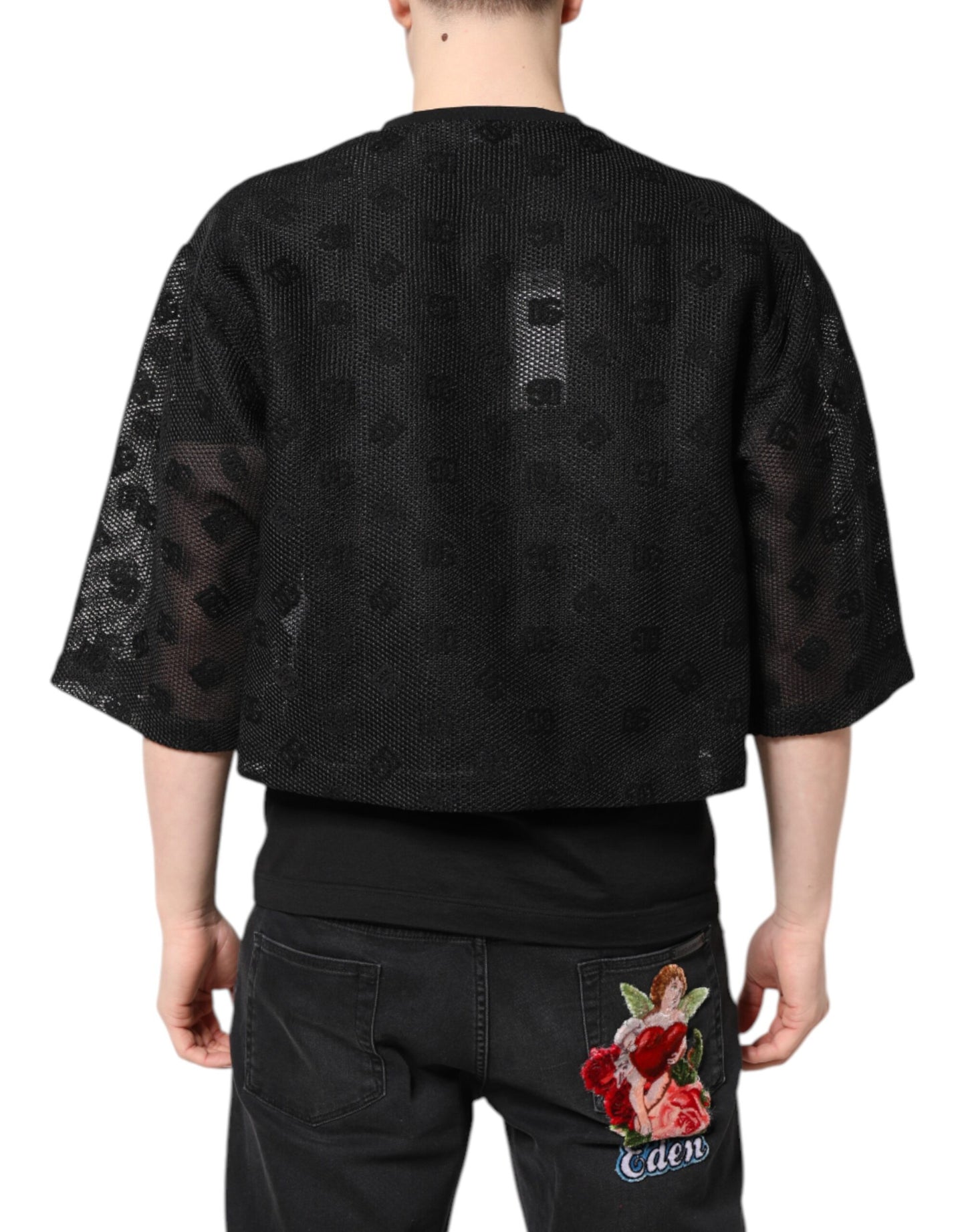 Dolce & Gabbana Schwarzes See-Through-Logo-T-Shirt mit kurzen Ärmeln