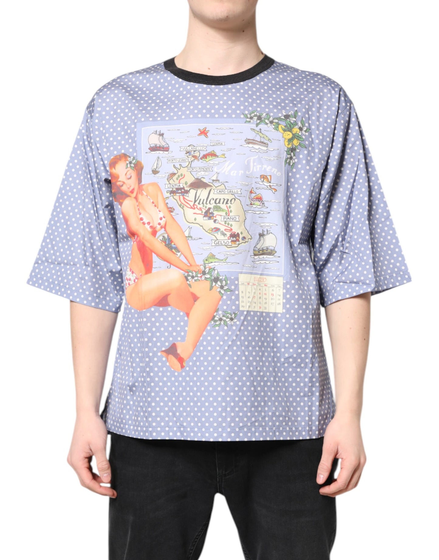 Dolce & Gabbana Hellblaues Kurzarm-T-Shirt mit Grafikdruck