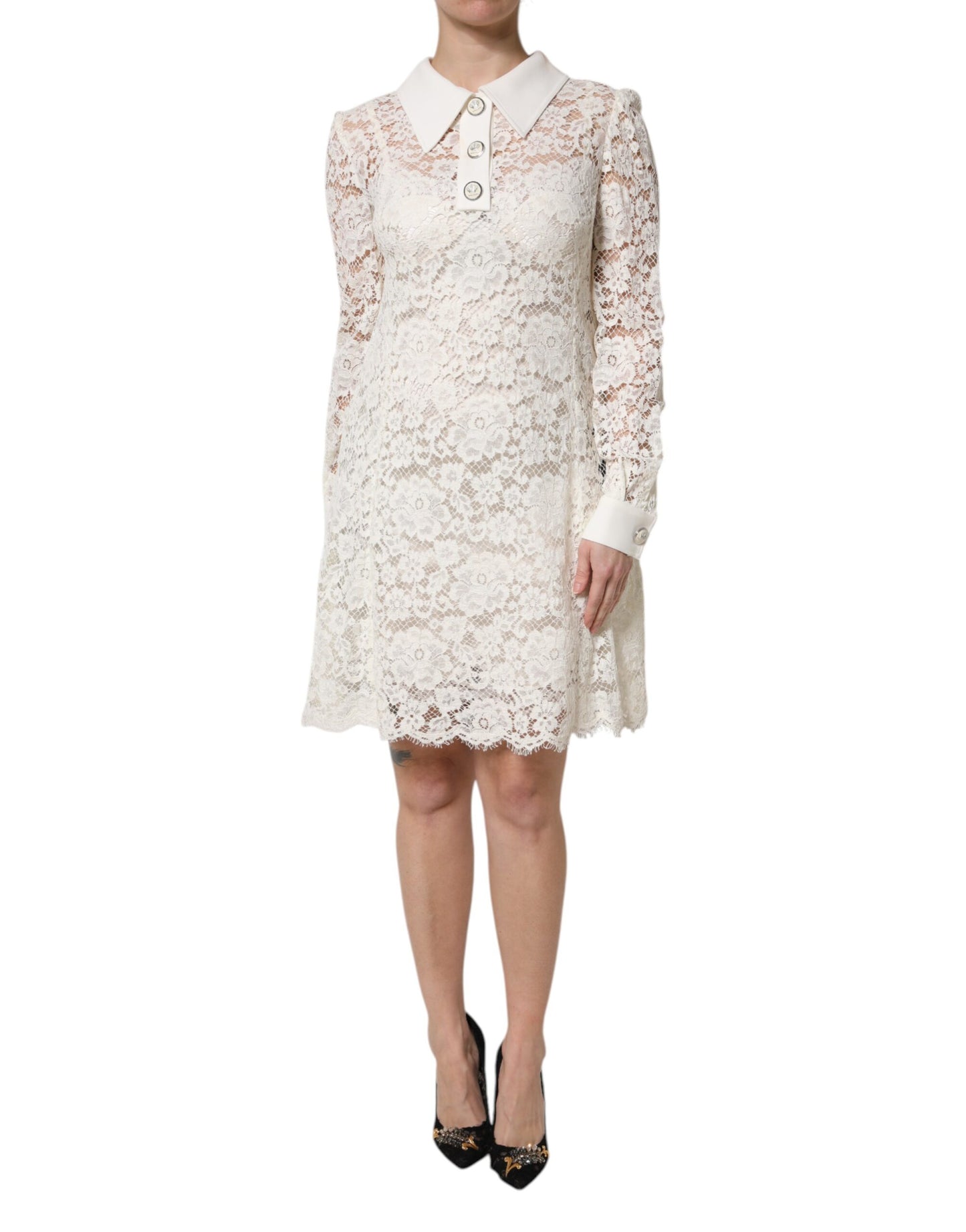 Dolce & Gabbana Weißes, geblümtes Langarm-Shiftkleid aus Spitze