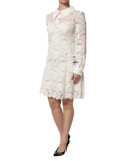 Dolce & Gabbana Weißes, geblümtes Langarm-Shiftkleid aus Spitze