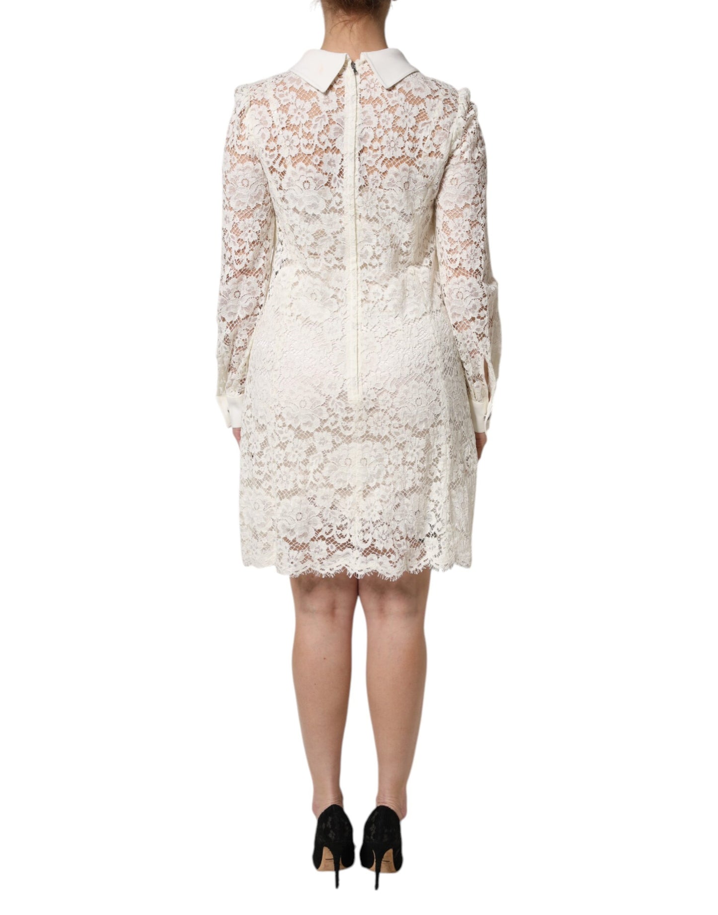 Dolce & Gabbana Weißes, geblümtes Langarm-Shiftkleid aus Spitze