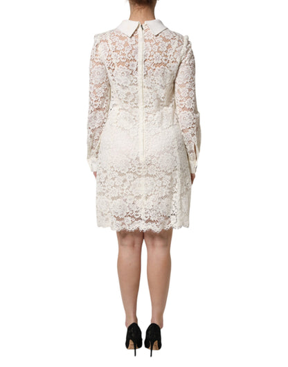 Dolce & Gabbana Weißes, geblümtes Langarm-Shiftkleid aus Spitze