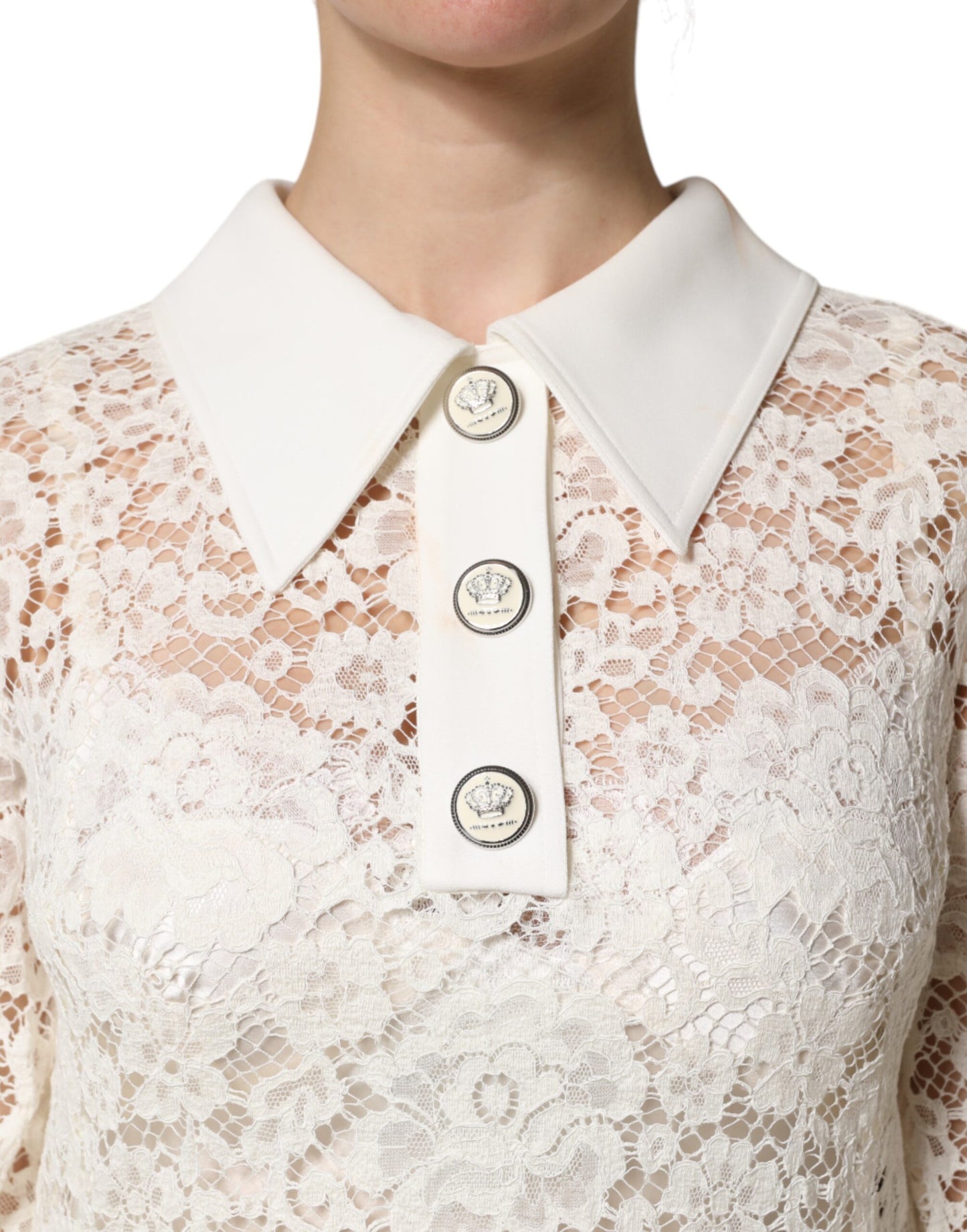 Dolce & Gabbana Weißes, geblümtes Langarm-Shiftkleid aus Spitze
