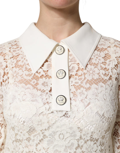 Dolce & Gabbana Weißes, geblümtes Langarm-Shiftkleid aus Spitze