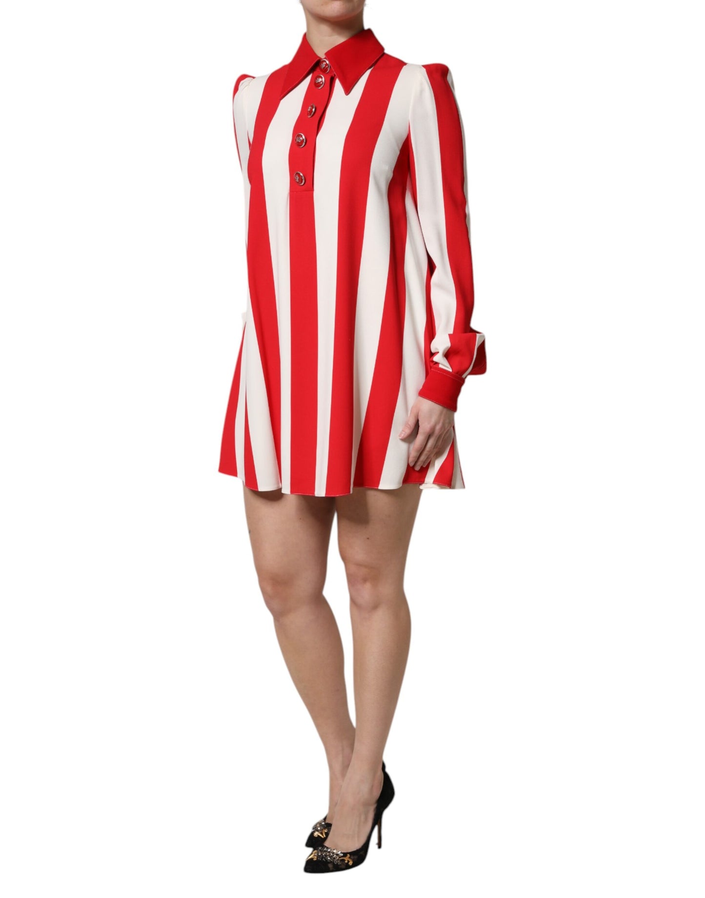 Dolce & Gabbana Weiß-rot gestreiftes langärmeliges Minikleid