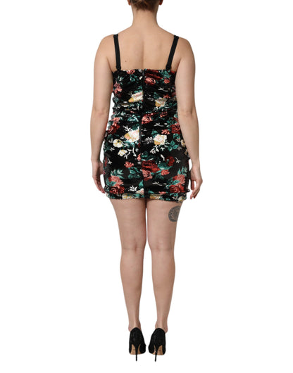 Dolce & Gabbana Schwarzes, geblümtes, ärmelloses Etuikleid mit Pailletten