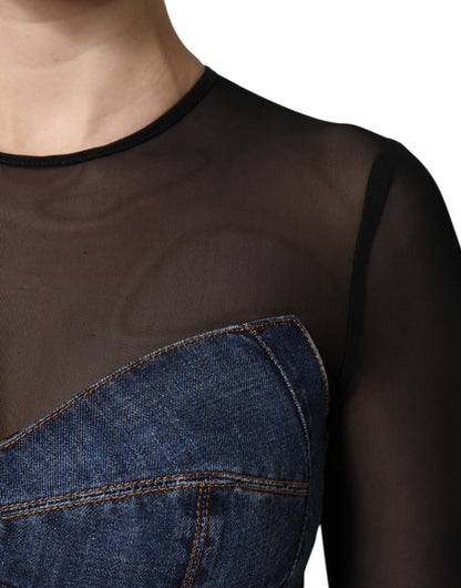 Dolce & Gabbana Schwarz-Blau Langärmeliges Denim-Minikleid