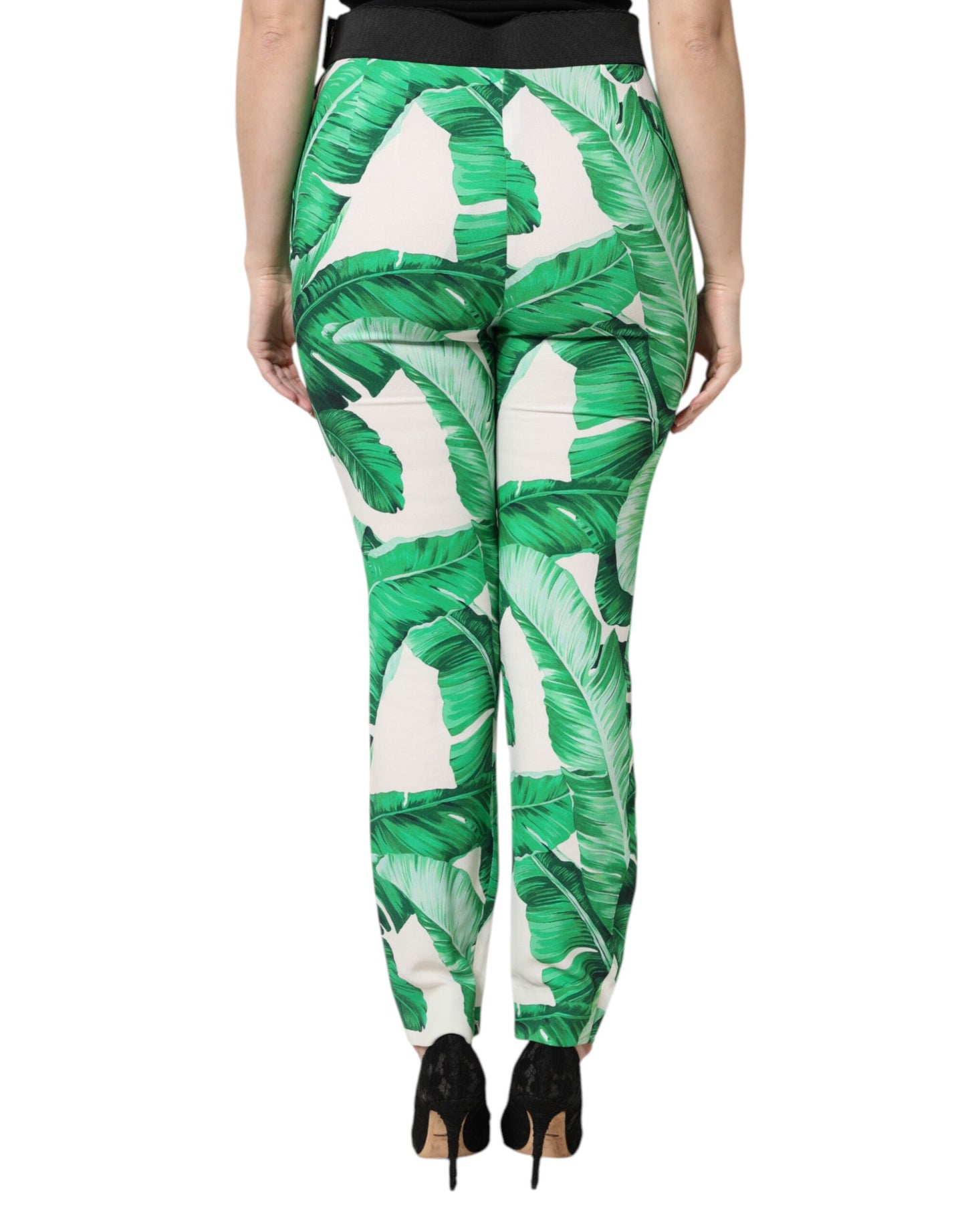 Dolce & Gabbana Weiß Grün Blatt Hohe Taille Hose