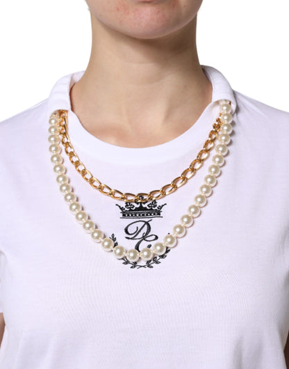 Dolce & Gabbana Weißes Ketten-Perlen-Baumwoll-T-Shirt mit Rundhalsausschnitt