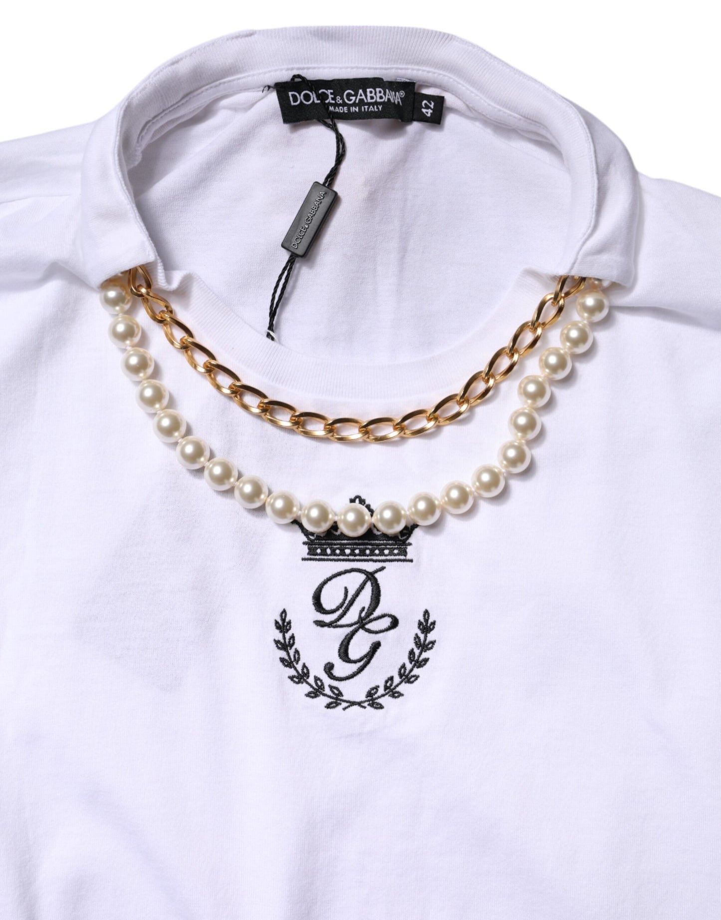 Dolce & Gabbana Weißes Ketten-Perlen-Baumwoll-T-Shirt mit Rundhalsausschnitt