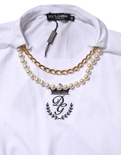 Dolce & Gabbana Weißes Ketten-Perlen-Baumwoll-T-Shirt mit Rundhalsausschnitt