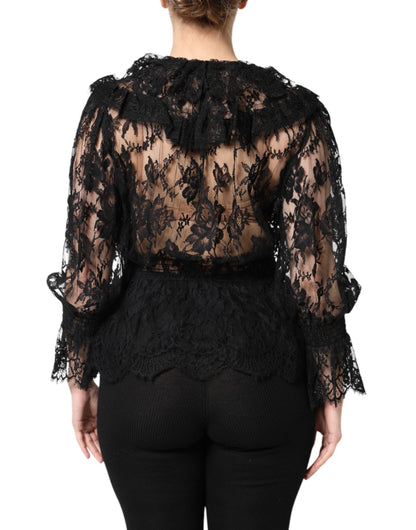 Dolce & Gabbana Schwarzes Blusentop aus Baumwolle mit floraler Spitze für Frauen