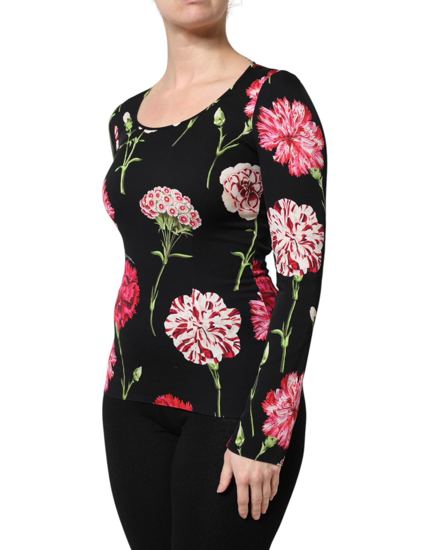 Dolce & Gabbana Schwarzes geblümtes langärmeliges Damenblusentop