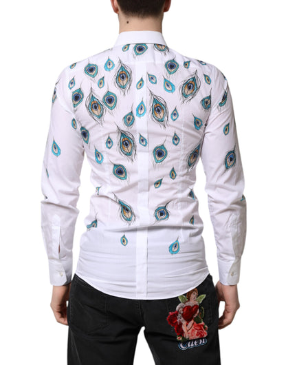 Dolce & Gabbana Weißes Baumwollhemd mit Federmuster GOLD