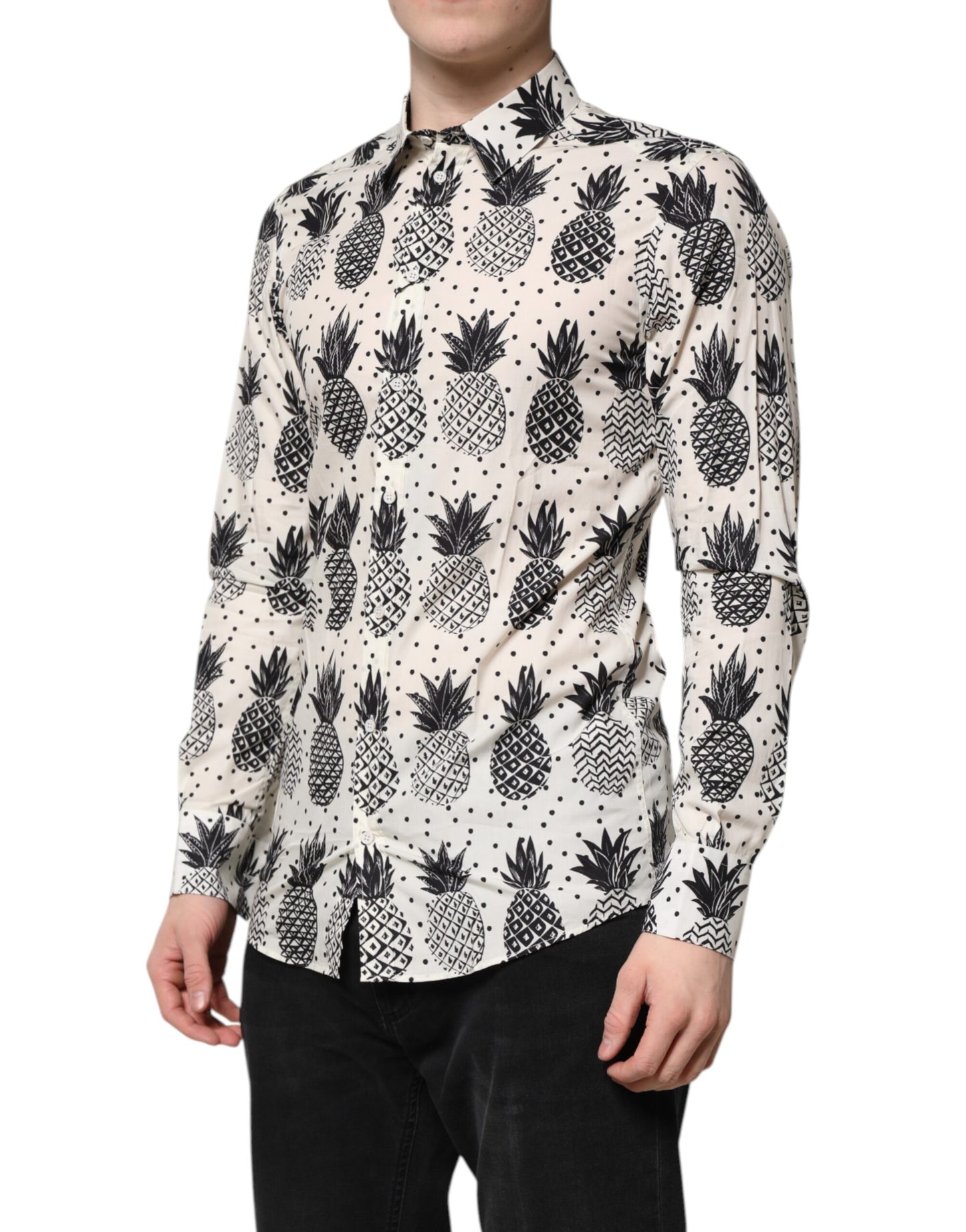 Dolce & Gabbana Weißes langärmeliges GOLD-Shirt mit Ananasdruck