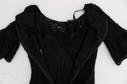 Dolce & Gabbana Schwarzes geblümtes langes Bodycon-Maxi-Kleid aus Spitze