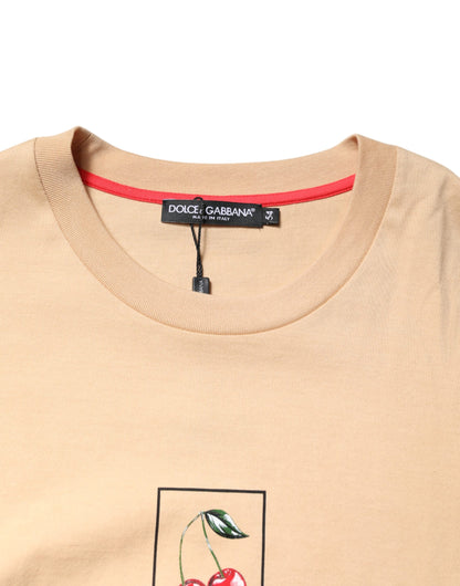 Dolce & Gabbana Beigefarbenes T-Shirt mit Rundhalsausschnitt und Logodruck aus Baumwolle