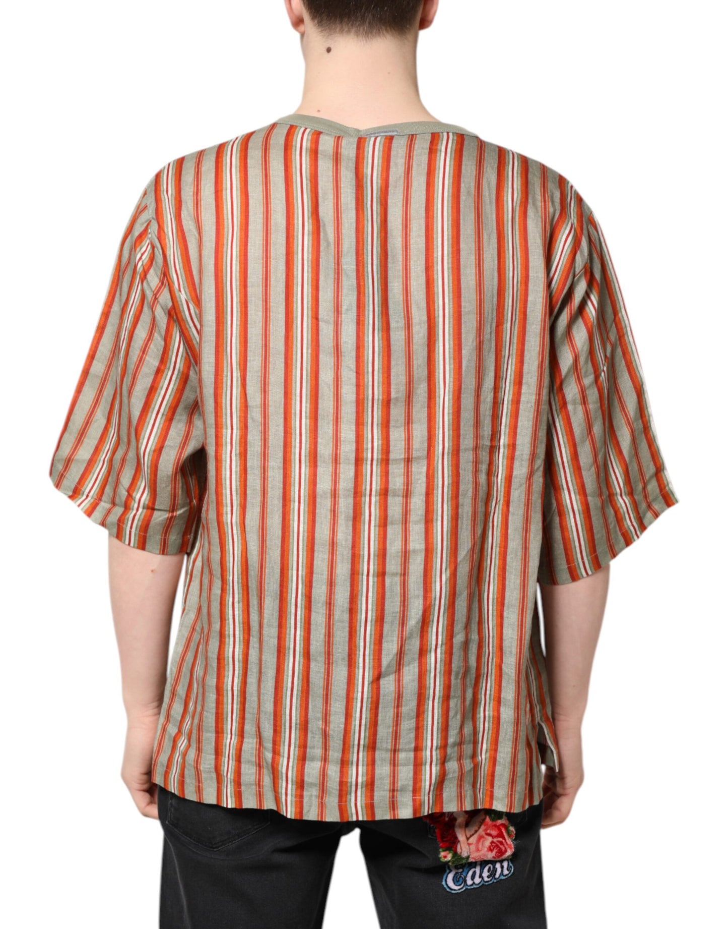 Dolce & Gabbana Mehrfarbig gestreiftes grafisches Leinen-T-Shirt mit Rundhalsausschnitt