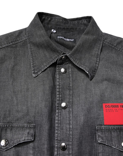 Dolce & Gabbana Graues Denim-Hemd mit langen Ärmeln und Knopfleiste