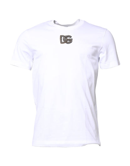 Dolce & Gabbana Weißes T-Shirt mit Rundhalsausschnitt und DG-Stickerei aus Baumwolle