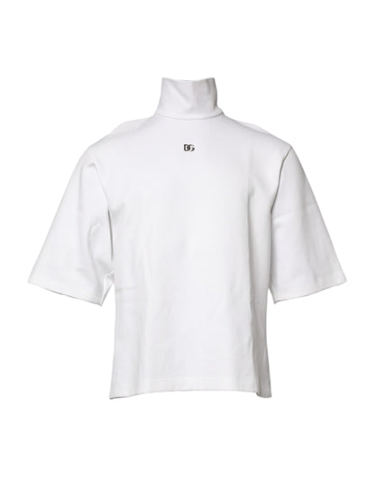 Dolce & Gabbana Weißes Baumwoll-Rollkragen-T-Shirt mit DG-Applikationen