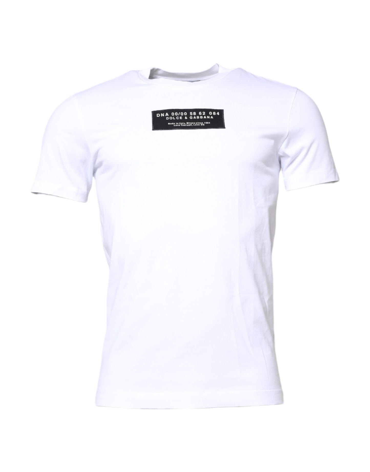 Dolce & Gabbana Weißes T-Shirt mit Rundhalsausschnitt und Logo-Patch aus Baumwolle