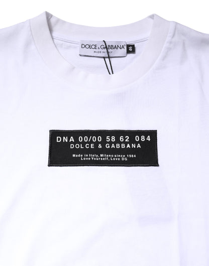 Dolce & Gabbana Weißes T-Shirt mit Rundhalsausschnitt und Logo-Patch aus Baumwolle